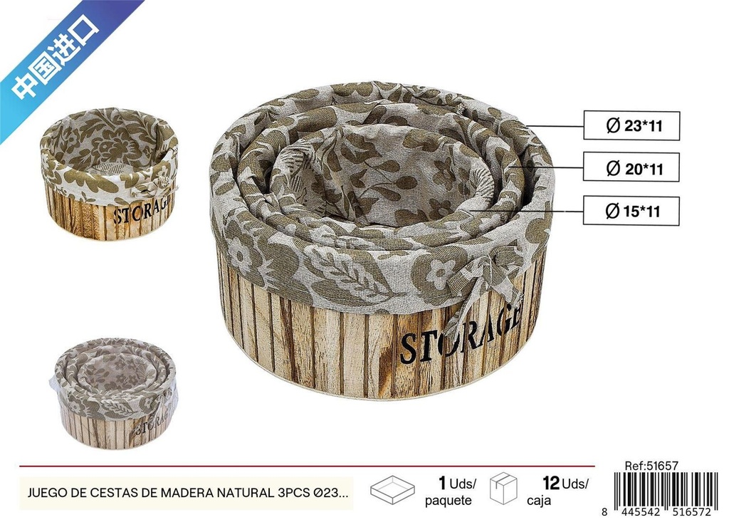 Juego de cestas de madera natural con tela 3 piezas Ø23*11 cm - Decoración del hogar