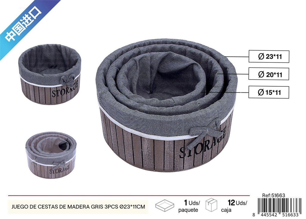 Juego de cestas de madera gris 3pcs Ø23*11cm