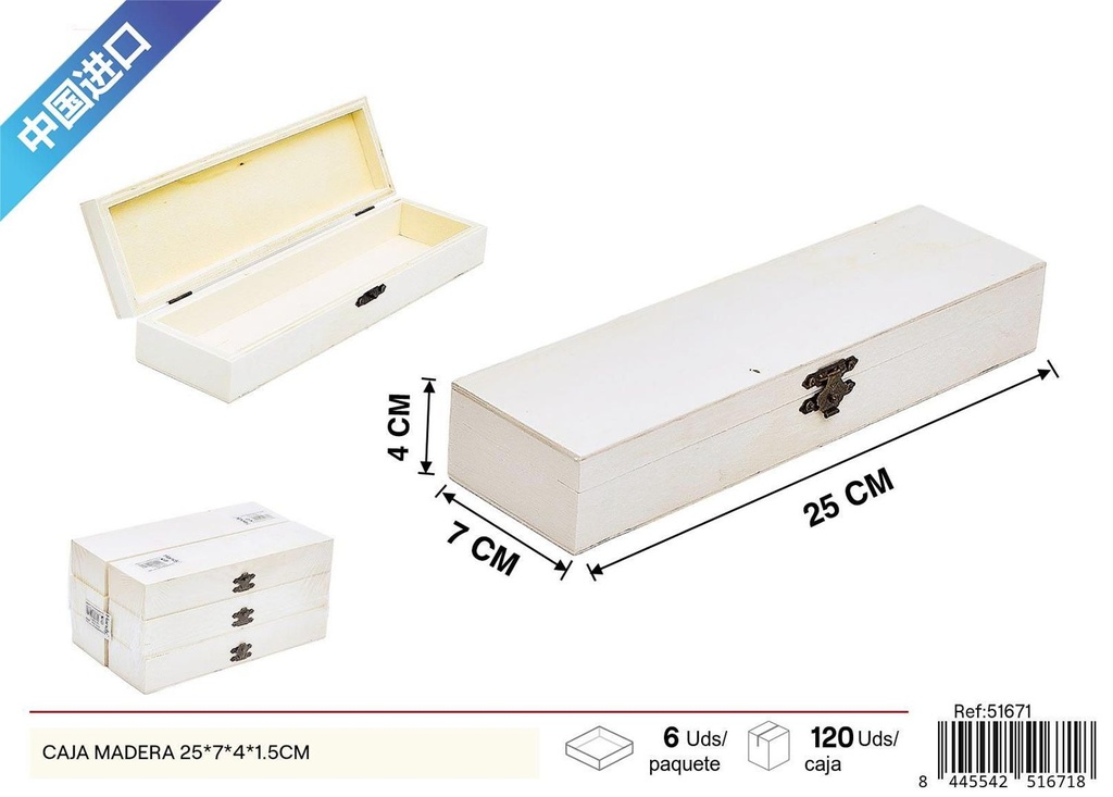 Caja de madera 25x7x4x1.5cm para almacenamiento y organización