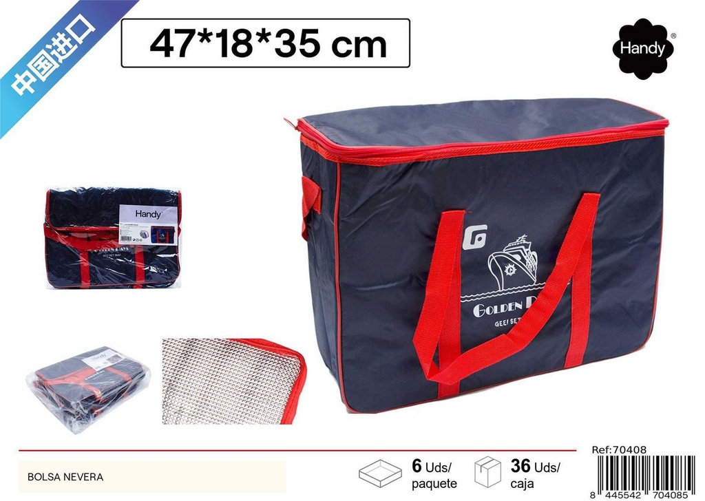 Bolsa nevera azul grande 47x18x35cm para picnic y camping