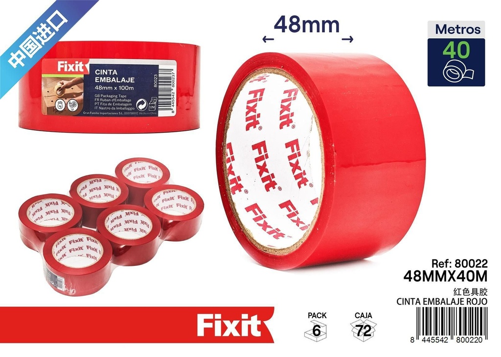 Cinta de embalaje roja 48mm x 40m - Artículos de ferretería