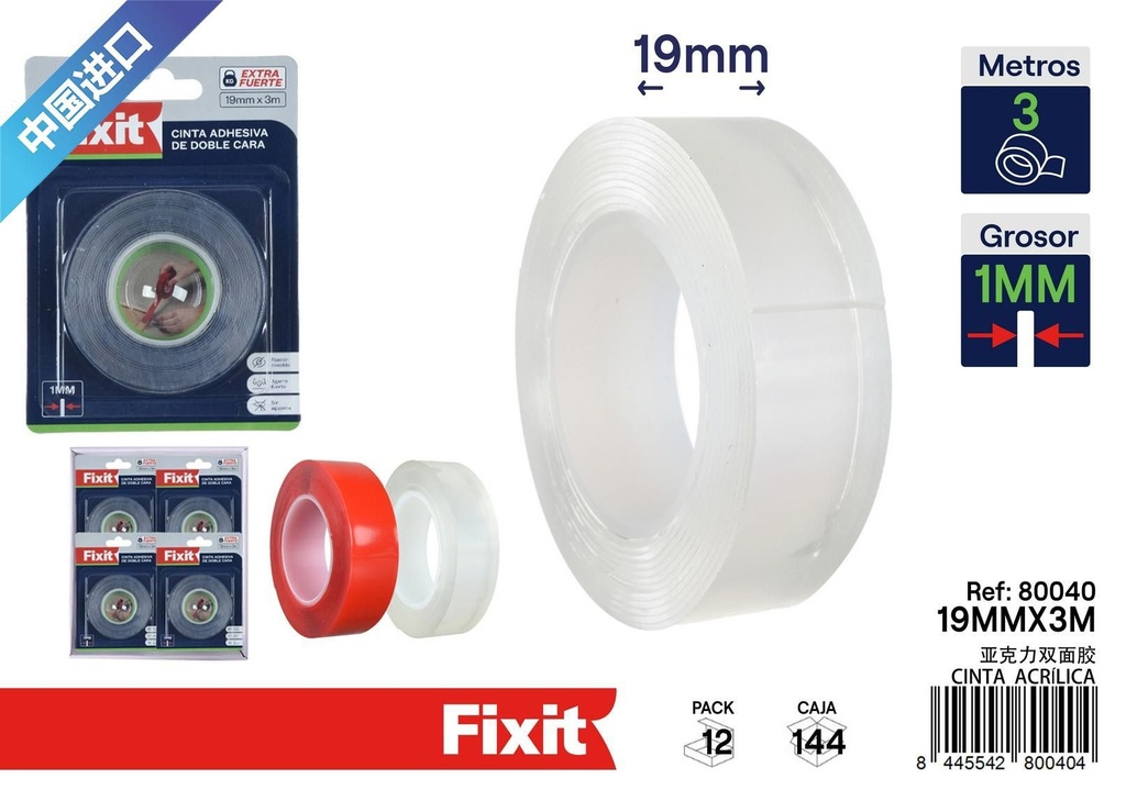 Cinta acrílica de doble cara extra fuerte 1mm x 19mm x 3m para montaje
