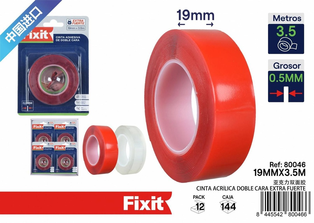 Cinta acrílica doble cara extra fuerte 0.5mm*19mm*5m para uso general