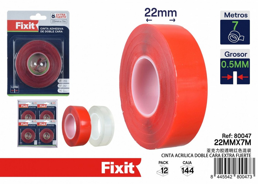 Cinta acrílica doble cara extra fuerte 0.5mm 22mm x 7m para fijación