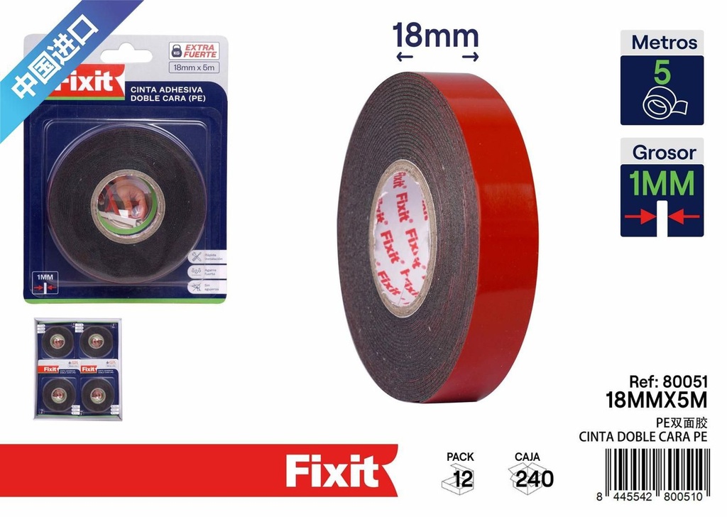 Cinta adhesiva doble cara PE roja 18 mm x 5 m - Cinta y adhesivos