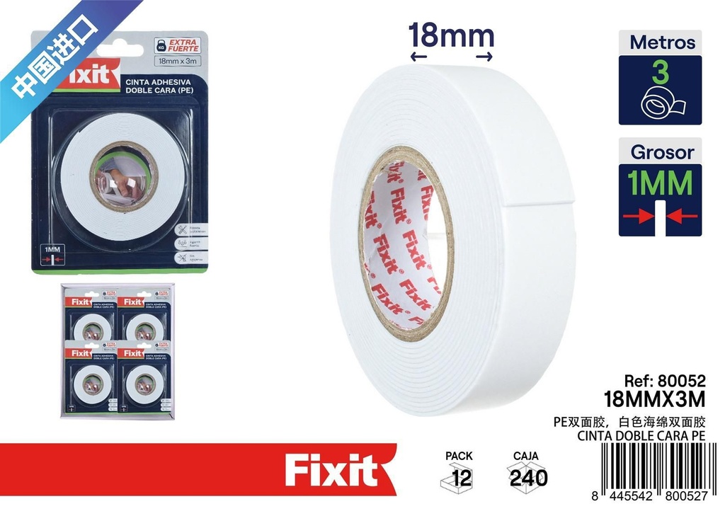 Cinta adhesiva doble cara PE 18mmx3m para fijaciones