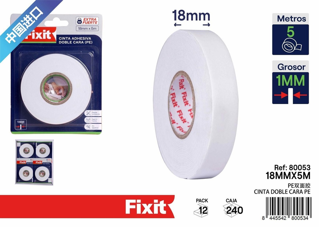 Cinta adhesiva doble cara PE blanca 18 mm x 5 m - Cinta y adhesivos