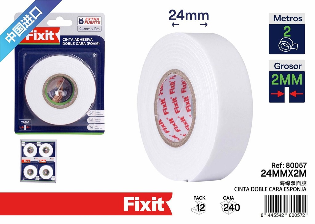 Cinta adhesiva de doble cara esponja 2mm 24mm x 2m para montaje y bricolaje