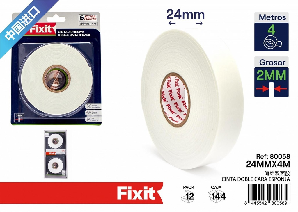 Cinta adhesiva de doble cara esponja 2mm 24mmx4m