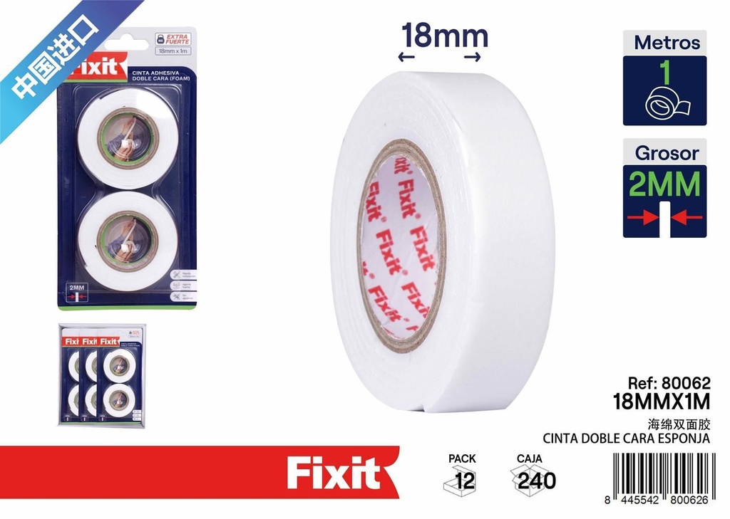 Cinta adhesiva doble cara esponja 2MM 18MM*1m 2PCS - Artículos de ferretería