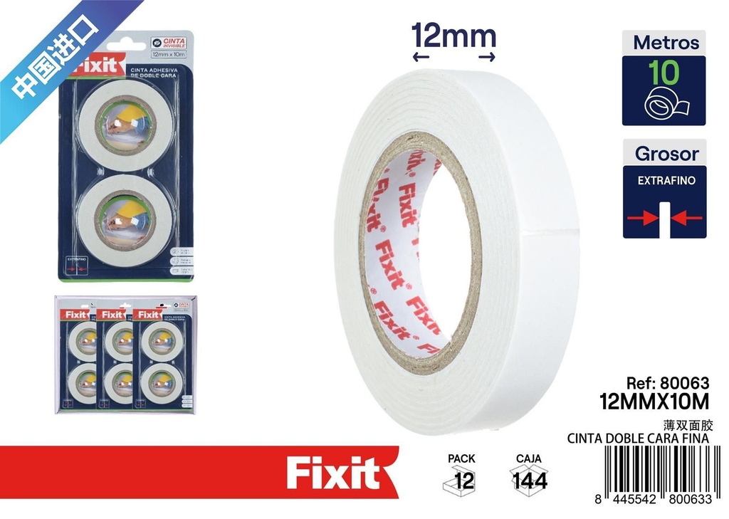Cinta adhesiva doble cara fina 12mm*10m 2 pcs - Cintas adhesivas