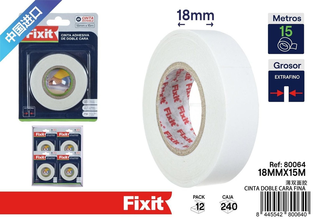 Cinta adhesiva doble cara fina 18mm x 15m