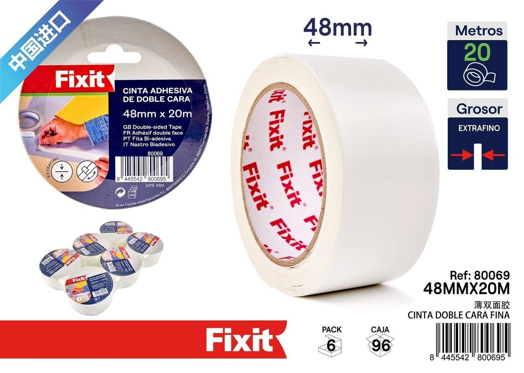 Cinta adhesiva doble cara fina 48mm*20m - Adhesivos y manualidades