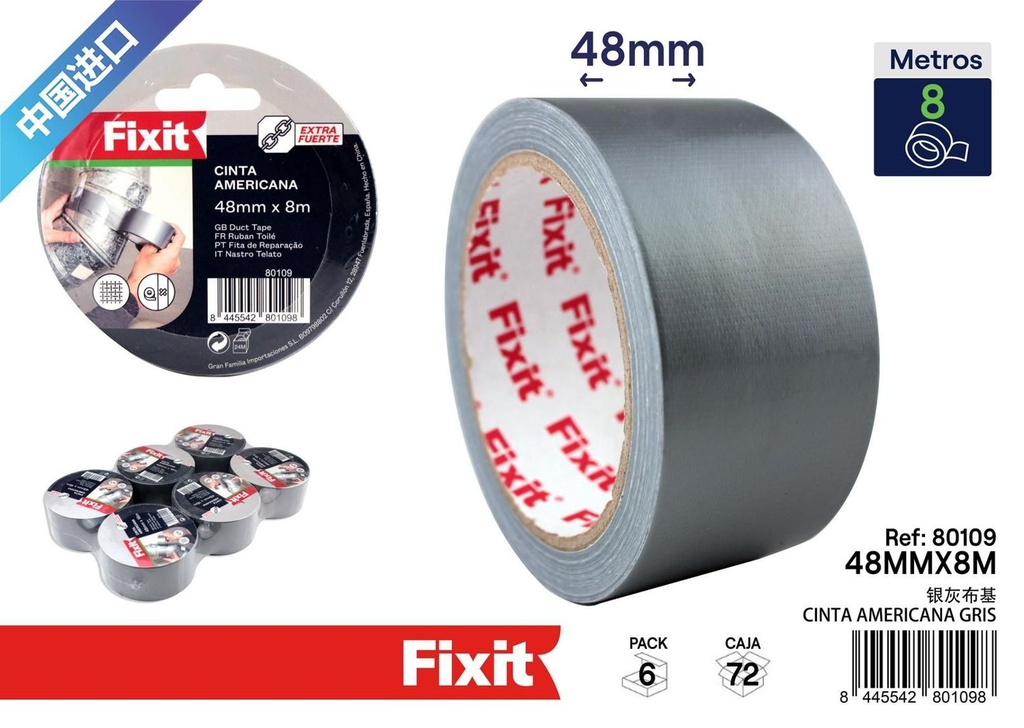 Cinta americana gris 48mm x 8m para reparaciones y bricolaje