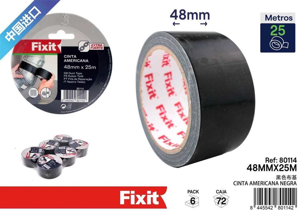 Cinta americana negra 48mm*25m para reparaciones y bricolaje