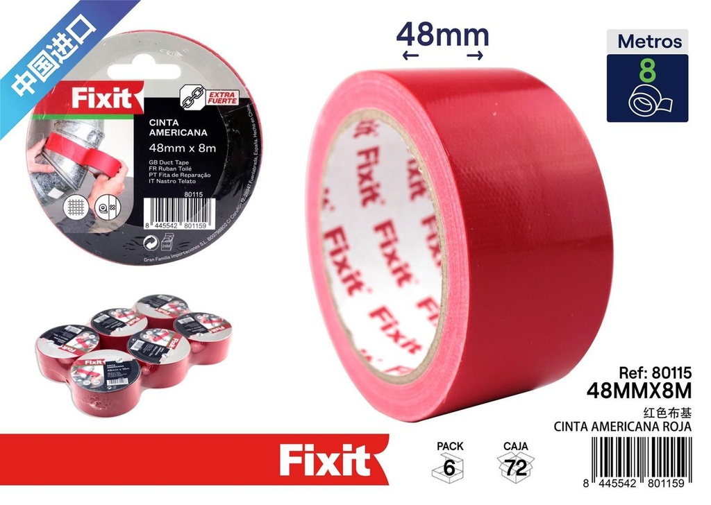 Cinta americana roja 48mm x 8m para reparaciones