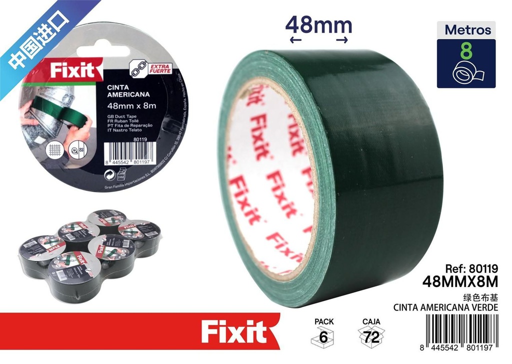 Cinta americana verde 48mm x 8m para reparaciones y manualidades