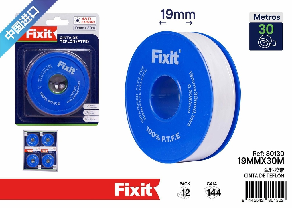 Cinta de teflón 19x30 metros 0.1x0.3 mm azul - Sellado y empaquetado