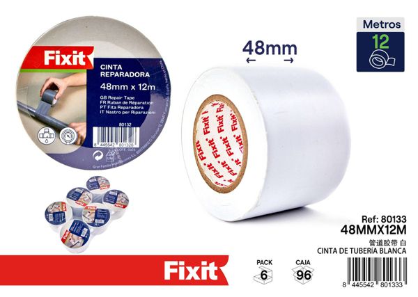 Cinta de tubería blanca 48mm x 12m para fontanería y reparaciones