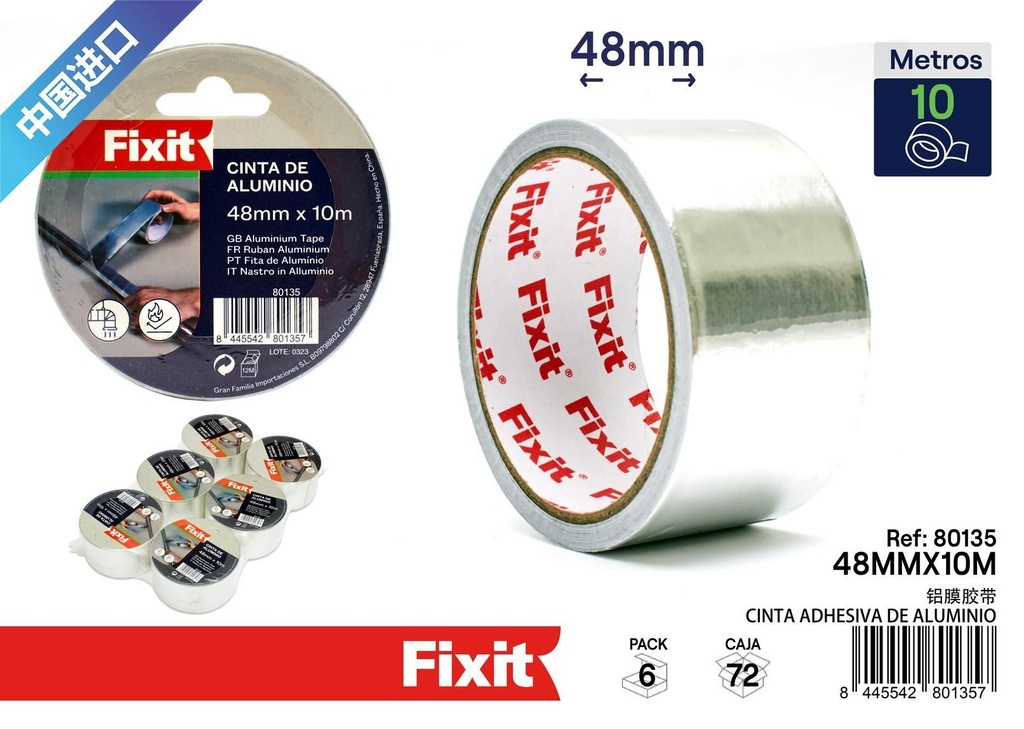Cinta adhesiva de aluminio 48mm*10m - Herramientas de ferretería