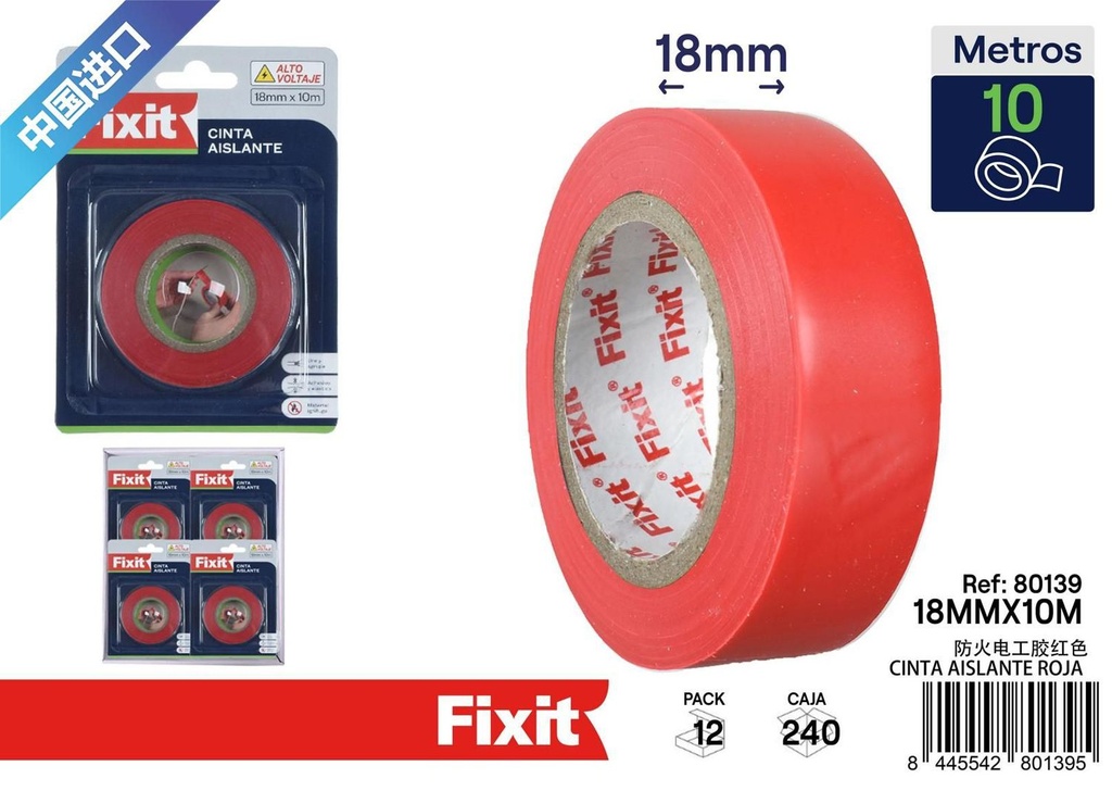 Cinta aislante roja 18mm x 10m resistente al fuego