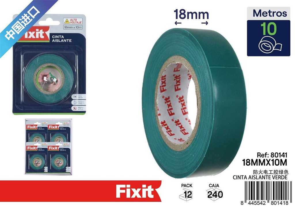 Cinta aislante verde 18mm*10m - Cinta de ferretería