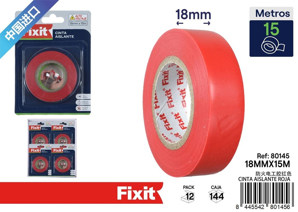 Cinta aislante roja 18mm*15m para protección eléctrica