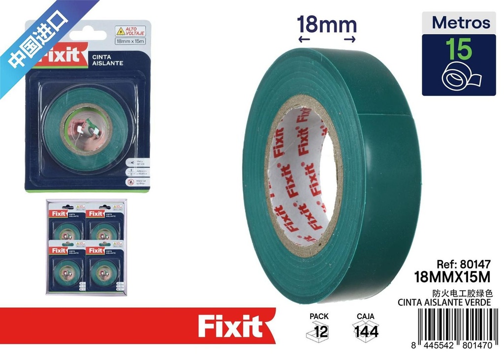 Cinta aislante verde 18mm x 15m