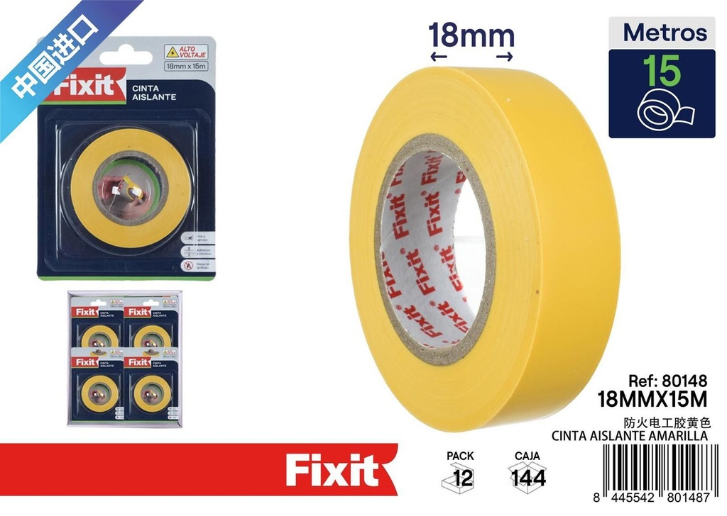 Cinta aislante amarilla - 18mm*15m - Cinta eléctrica