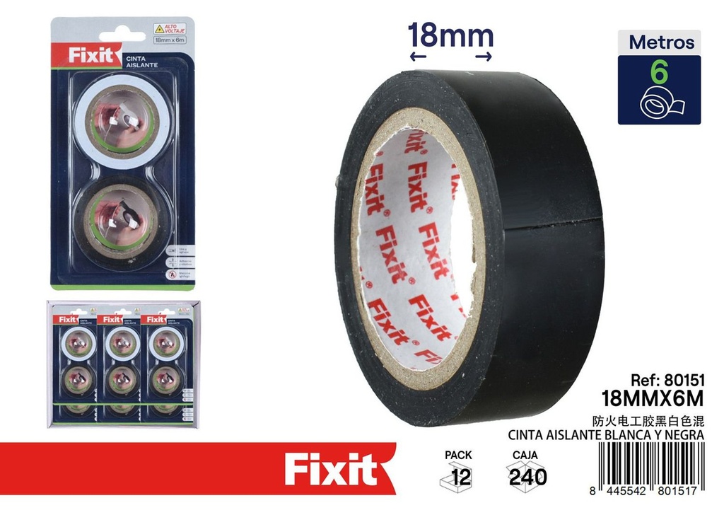 Cinta aislante surtido blanca y negra 18mm*6m 2 piezas - Accesorios eléctricos