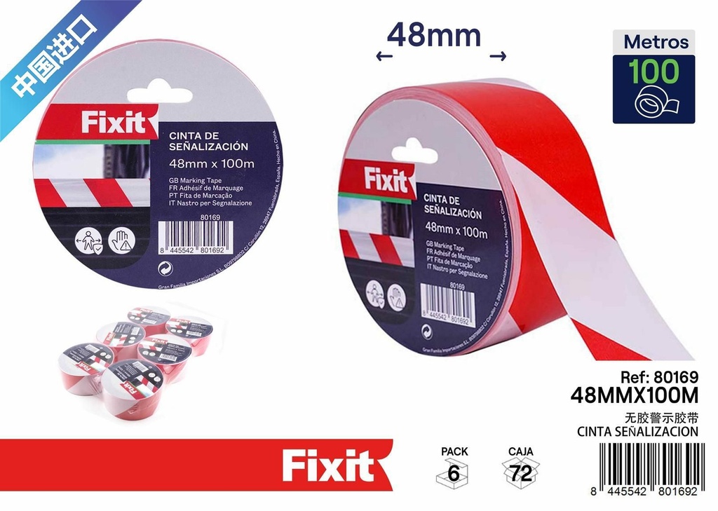 Cinta de señalización sin adhesivo en blanco y rojo 48mmx100m - Cinta de advertencia