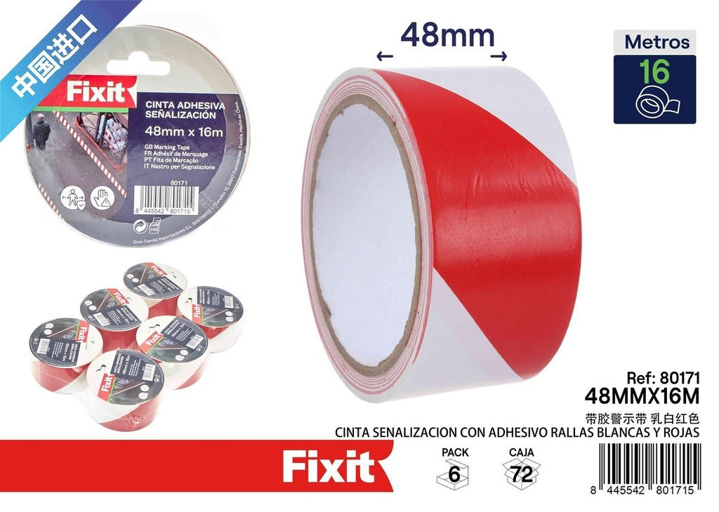 Cinta de señalización adhesiva rojo-blanco 48 mm x 16 m - Material de señalización