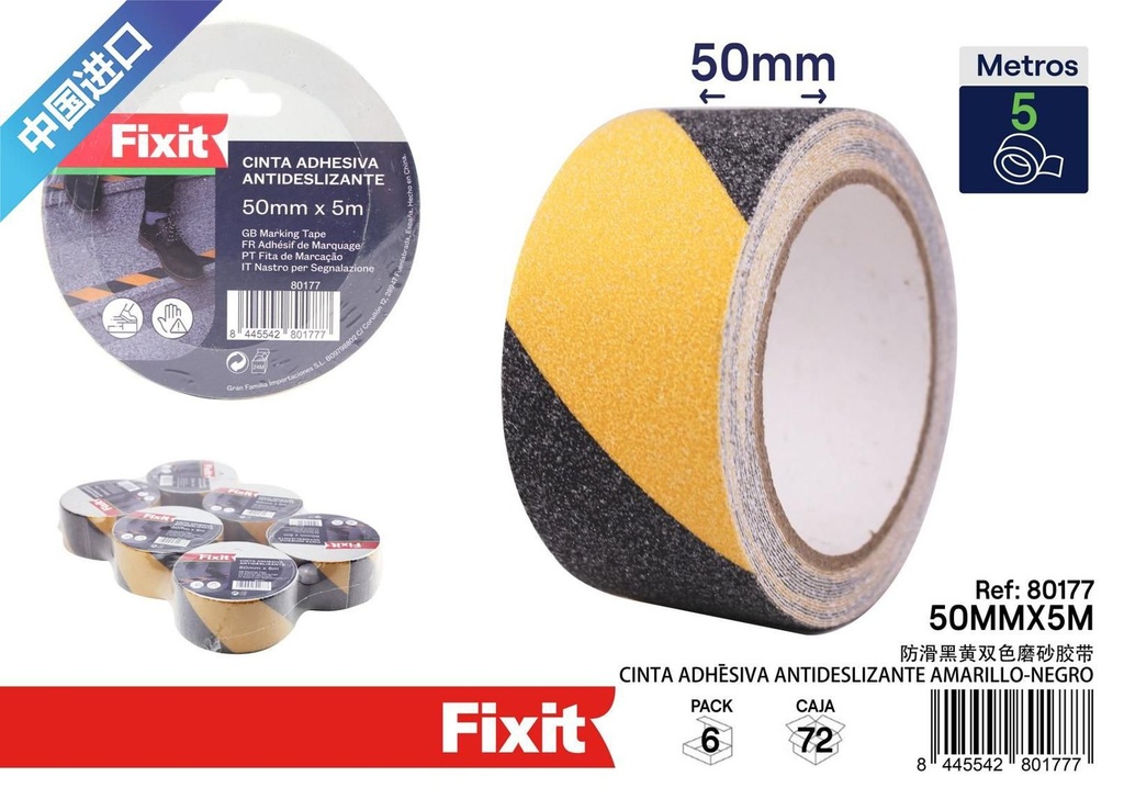 Cinta adhesiva antideslizante amarillo y negro 50mm x 5m para señalización