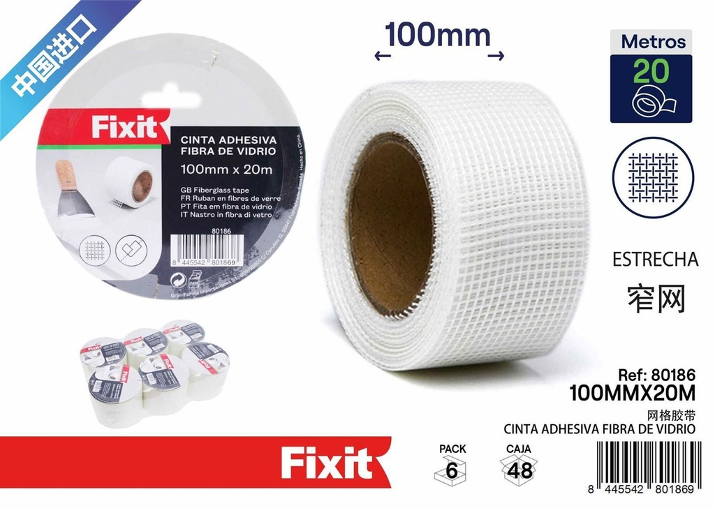 Cinta adhesiva de fibra de vidrio ancha 100mm x 20m para reparaciones y construcciones