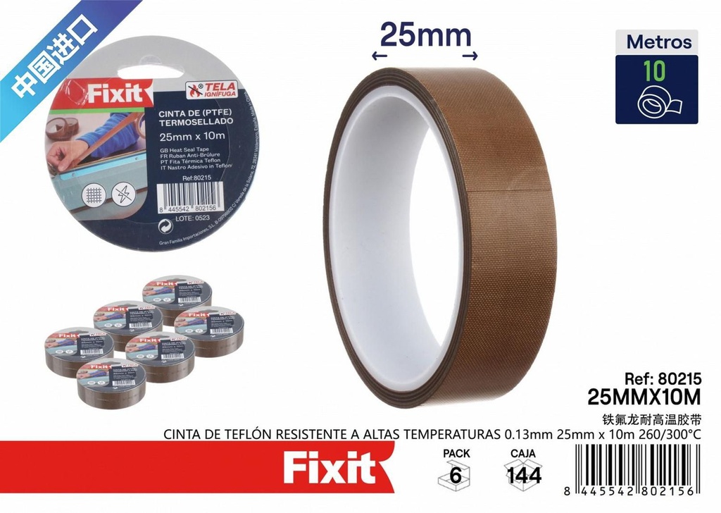 Cinta de teflón resistente a altas temperaturas 0.13mm 25mm x 10m 260/300°C