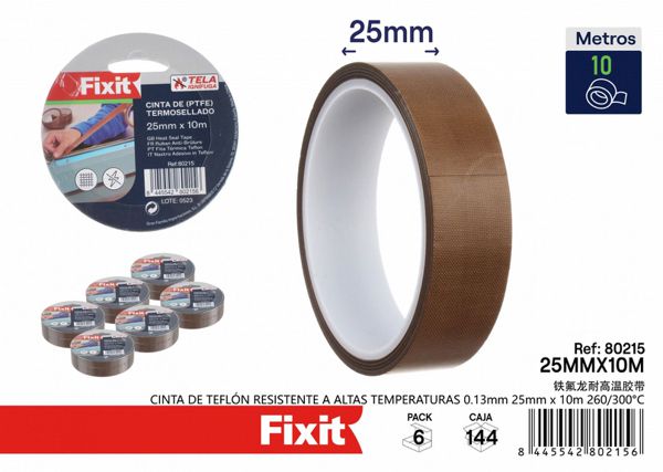 Cinta de teflón resistente a altas temperaturas 0.13mm 25mm x 10m 260/300°C