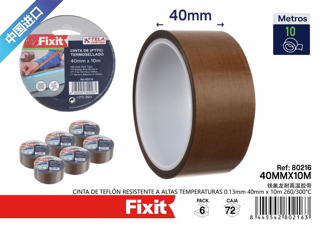 Cinta de teflón resistente a altas temperaturas 0.13mm 40mm x 10m