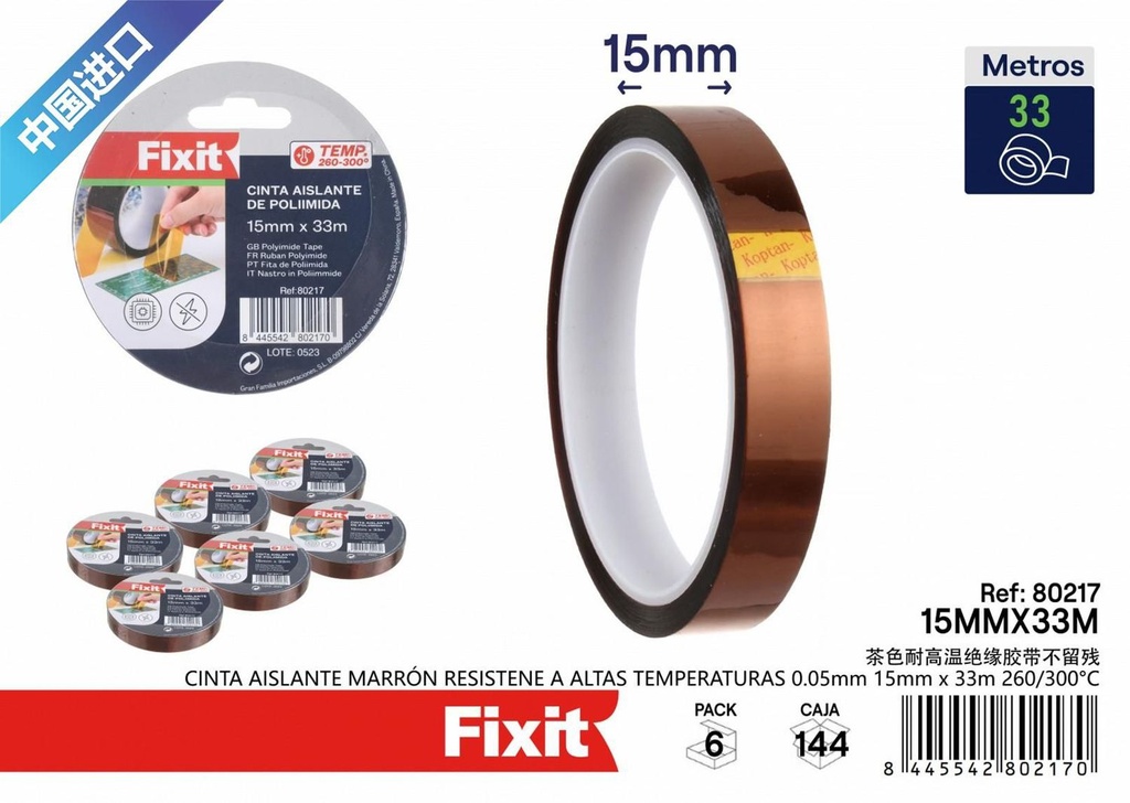 Cinta aislante marrón resistente a altas temperaturas 0.05mm 15mmx33m 260/300°C