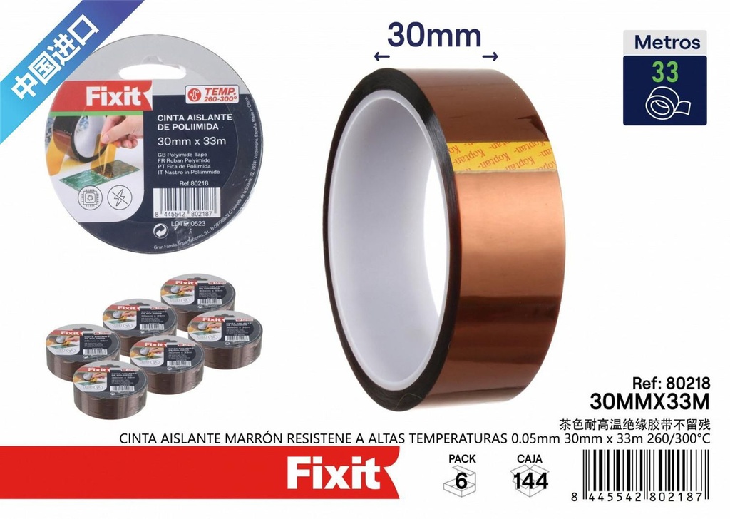 Cinta aislante marrón resistente a altas temperaturas 0.05mm 30mmx33m para electricidad