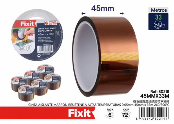 Cinta aislante marrón resistente a altas temperaturas 0.05mm 45mmx33m 260/300°C para electricidad