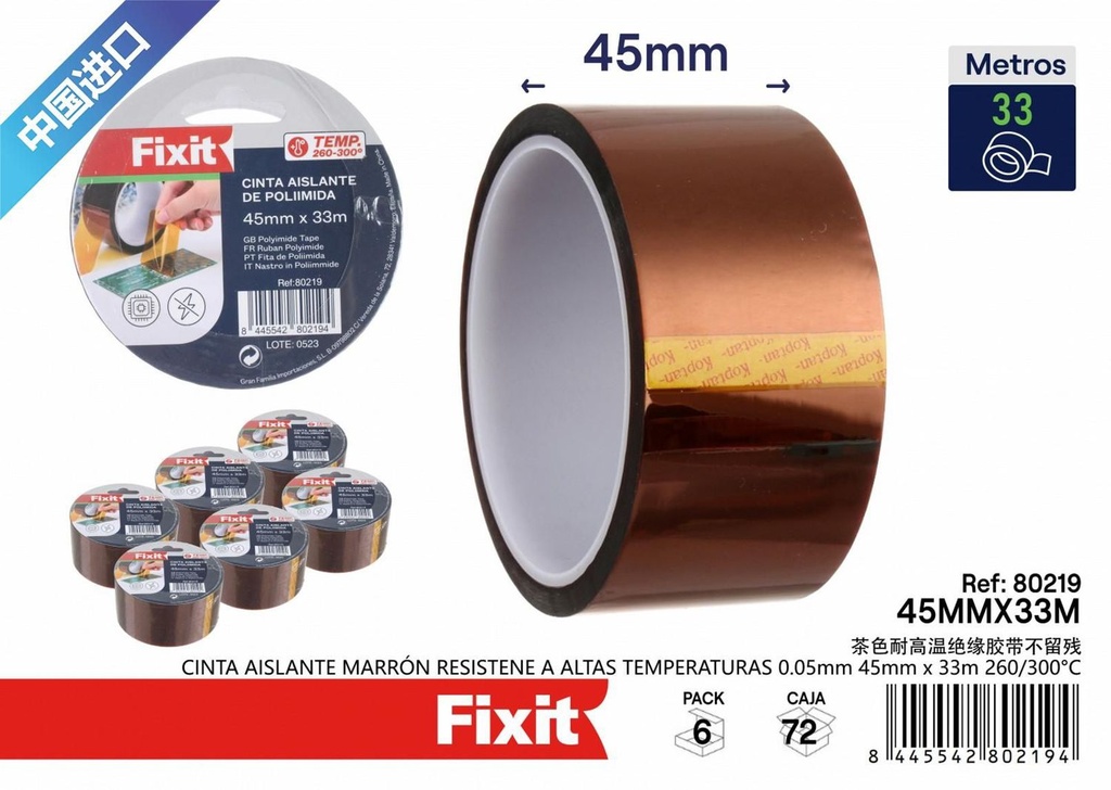 Cinta aislante marrón resistente a altas temperaturas 0.05mm 45mmx33m 260/300°C para electricidad