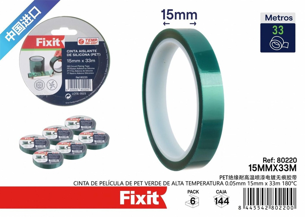 Cinta de película de PET verde de alta temperatura 0.05mm 15mmx33m 180°C - Cintas térmicas