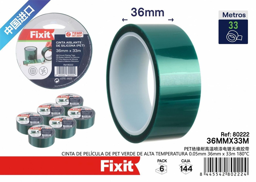 Cinta de película de PET verde de alta temperatura 0.05mm 36mm x 33m 180°C