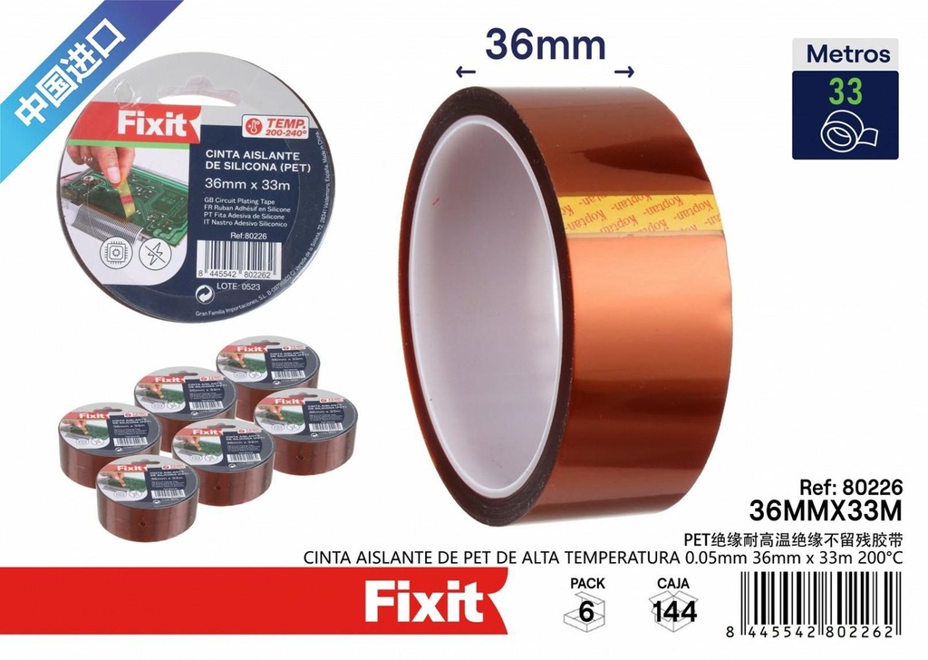 Cinta aislante de PET de alta temperatura 0.05mm 36mmx33m 200°C