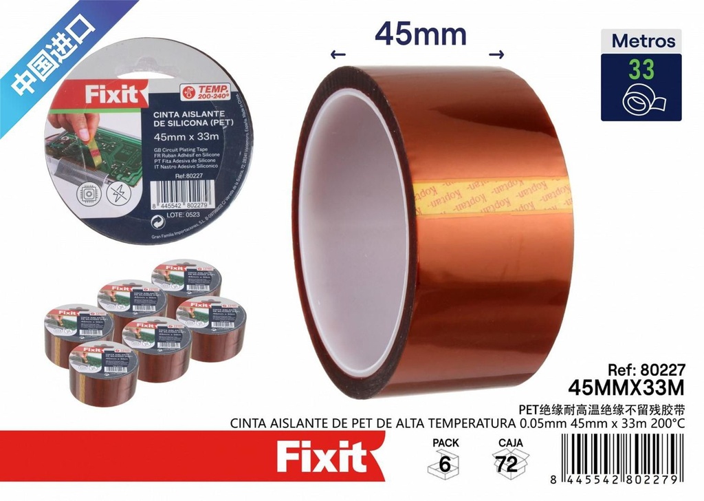 Cinta aislante de PET de alta temperatura 0.05mm 45mm x 33m 200°C para uso industrial