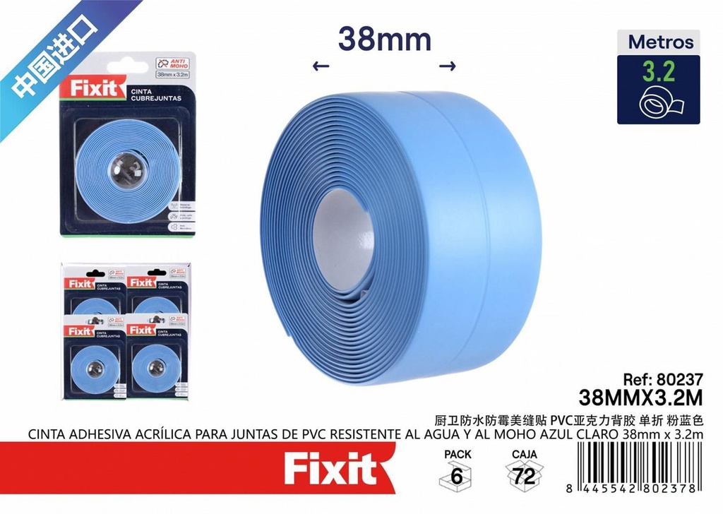 Cinta adhesiva acrílica para juntas de PVC resistente al agua azul claro 38mm*3.2m - Cintas adhesivas