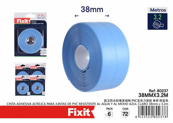 Cinta adhesiva para juntas de PVC resistente al agua y moho azul claro 38mm*3.2m