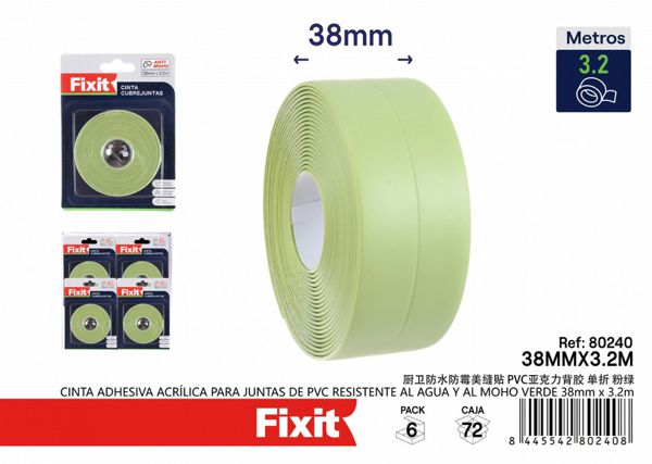 Cinta adhesiva para juntas PVC resistente al agua y moho verde 38mm*3.2m