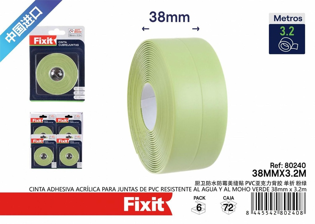 Cinta adhesiva para juntas PVC resistente al agua y moho verde 38mm*3.2m