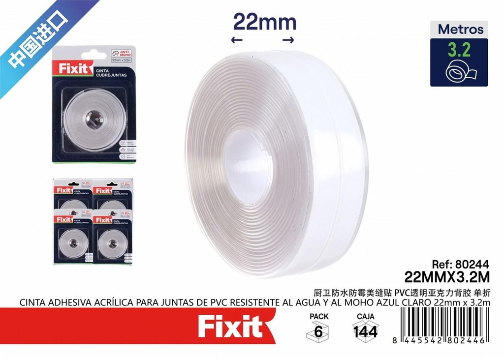 Cinta adhesiva acrílica para juntas de PVC resistente al agua y al moho azul claro 22mm x 3.2m